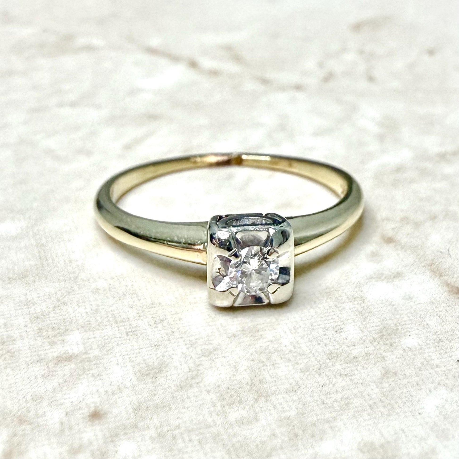 Vintage 14 Karat Two - Tone Gold 0.12 Carat Natural Diamond Solitaire Ring - WeilJewelry