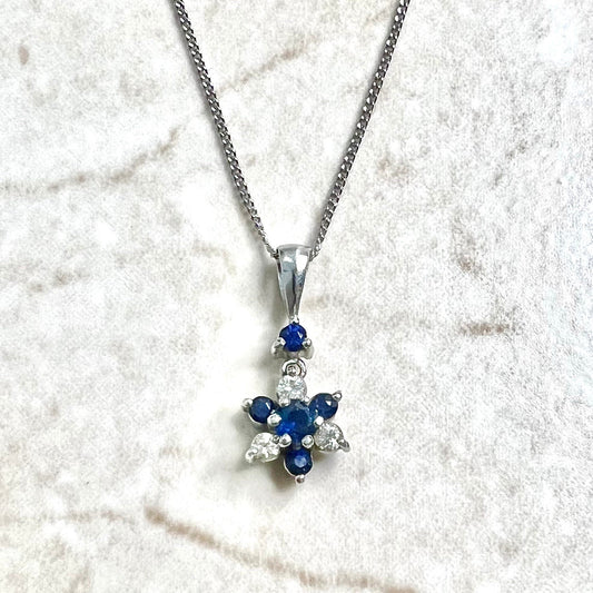 Vintage 14 Karat White Gold Sapphire Flower Pendant Necklace - WeilJewelry