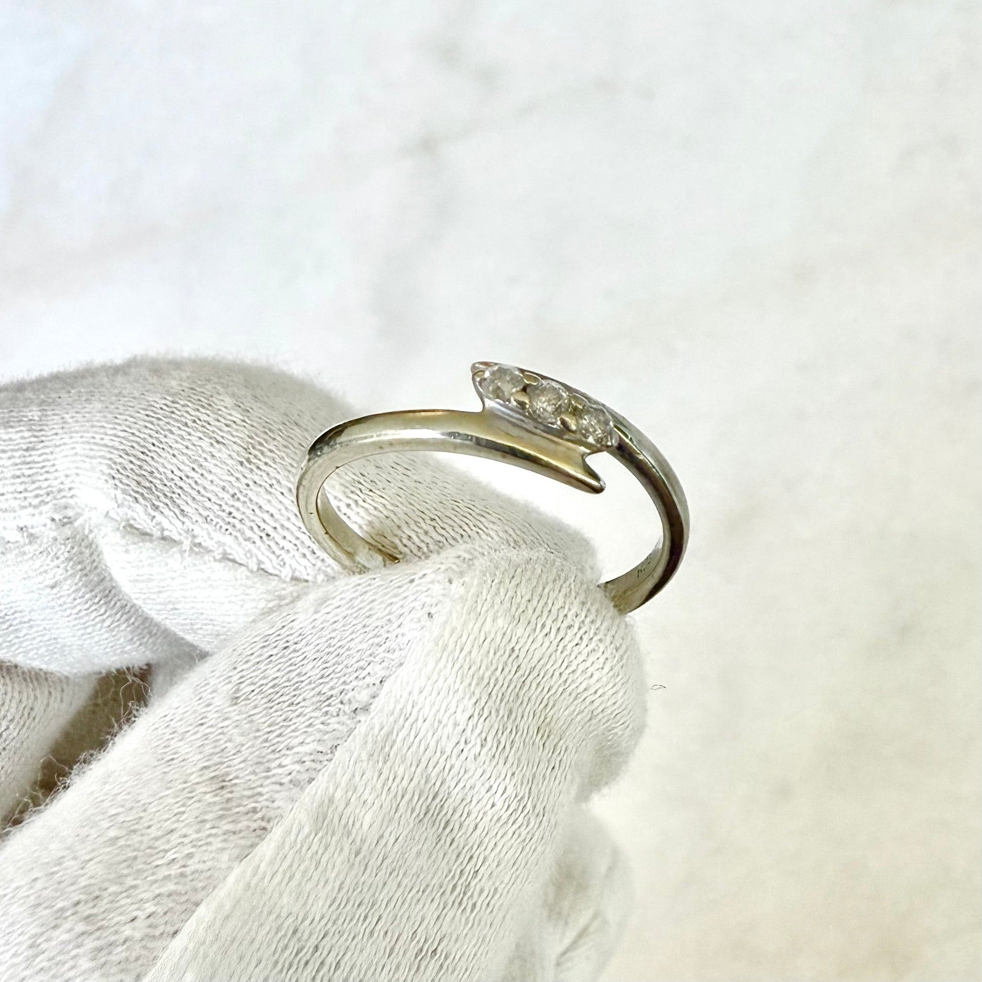 Vintage 14 Karat White Gold Three - Stone Diamond Bypass Ring - WeilJewelry