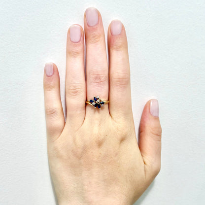 Vintage 14 Karat Yellow Gold Blue Sapphire & Diamond Cocktail Ring - WeilJewelry