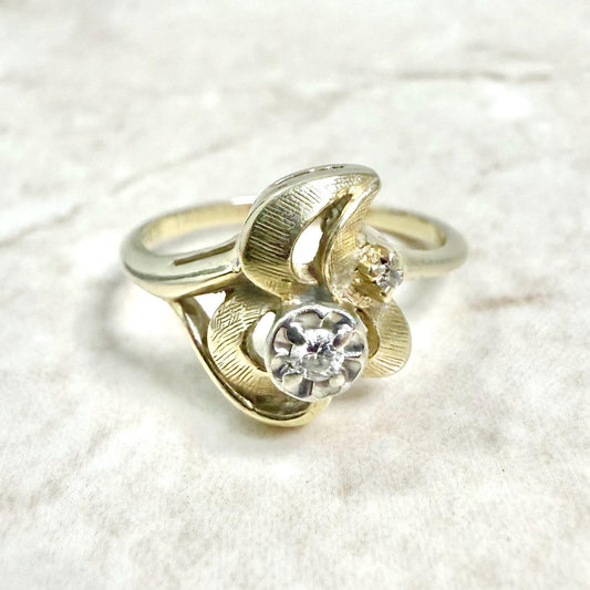 Vintage 14 Karat Yellow Gold Diamond Leaf Cocktail Ring - WeilJewelry