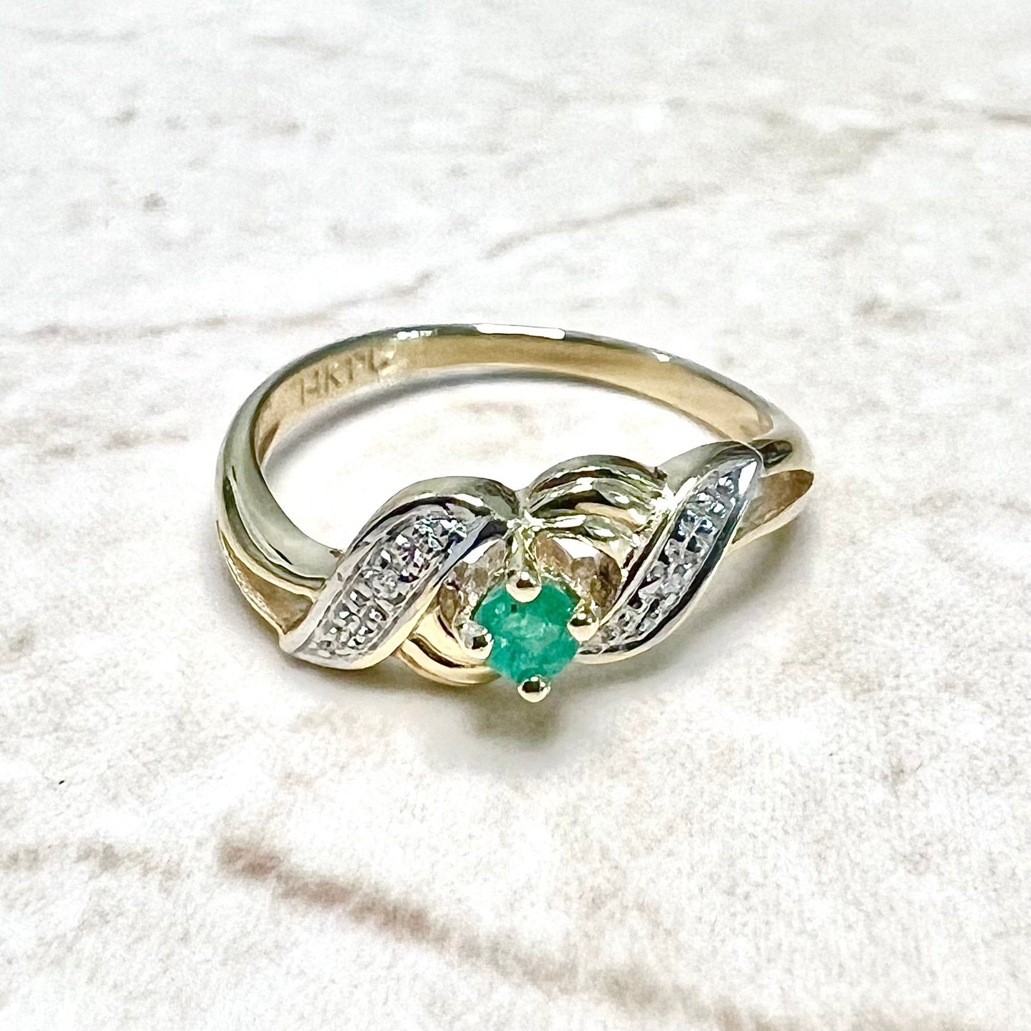 Vintage 14 Karat Yellow Gold Emerald & Diamond Solitaire Ring - WeilJewelry