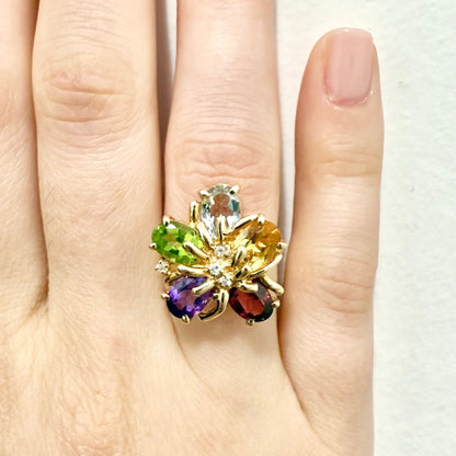 Vintage 14 Karat Yellow Gold Multi Gemstone Flower Ring - WeilJewelry