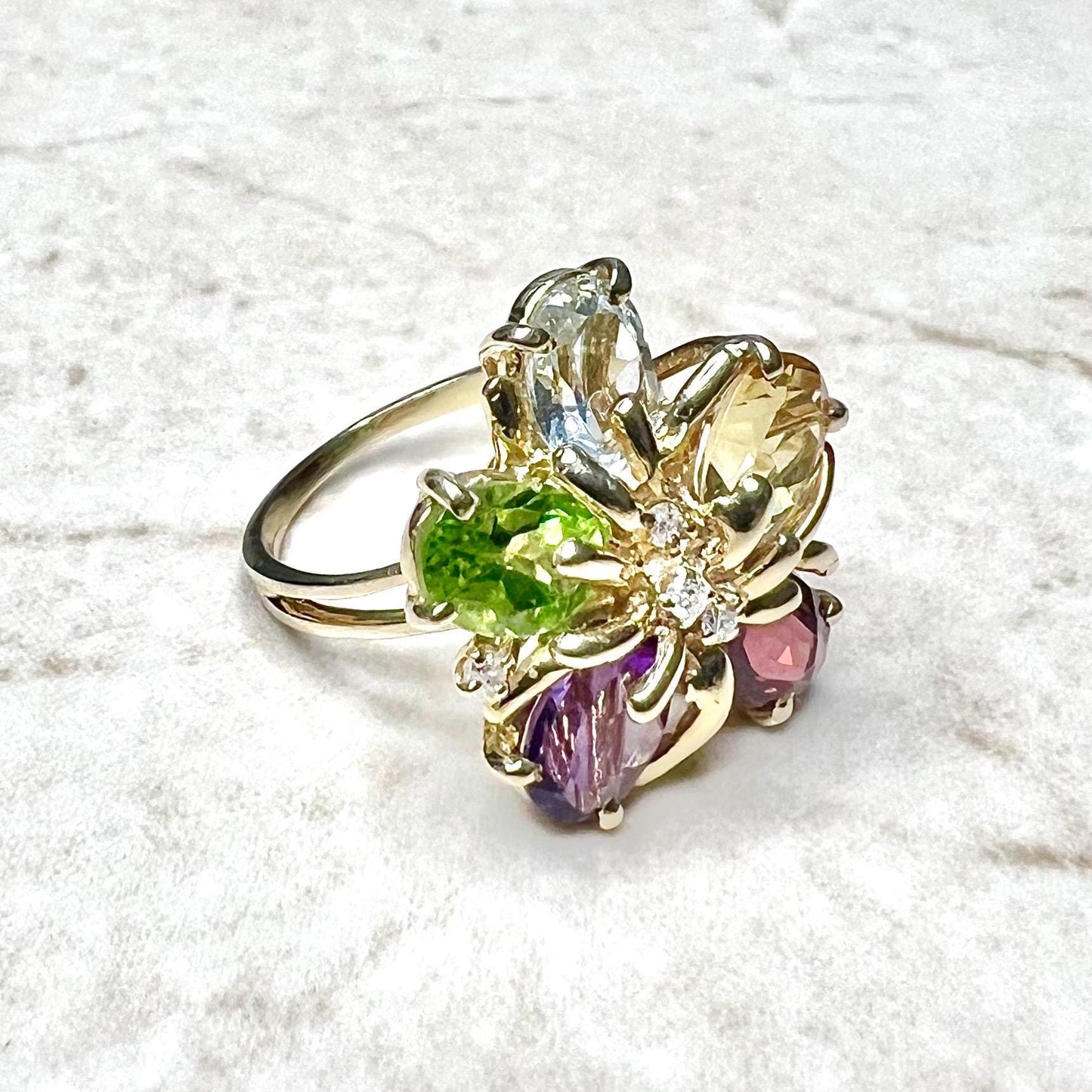 Vintage 14 Karat Yellow Gold Multi Gemstone Flower Ring - WeilJewelry