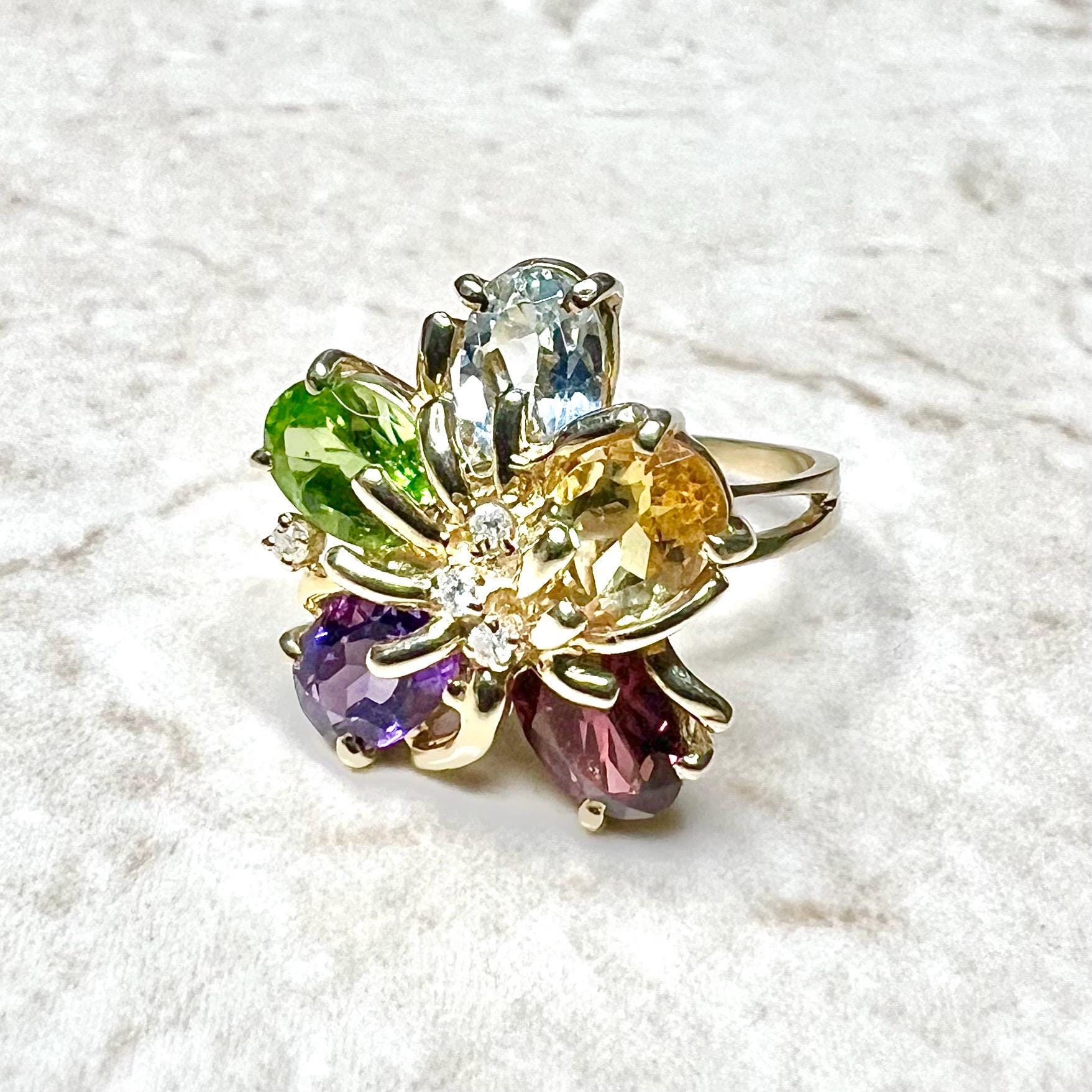 Vintage 14 Karat Yellow Gold Multi Gemstone Flower Ring - WeilJewelry