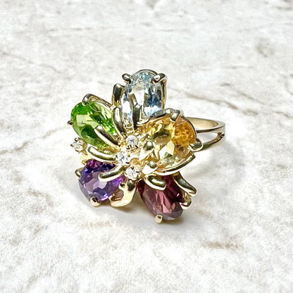 Vintage 14 Karat Yellow Gold Multi Gemstone Flower Ring - WeilJewelry