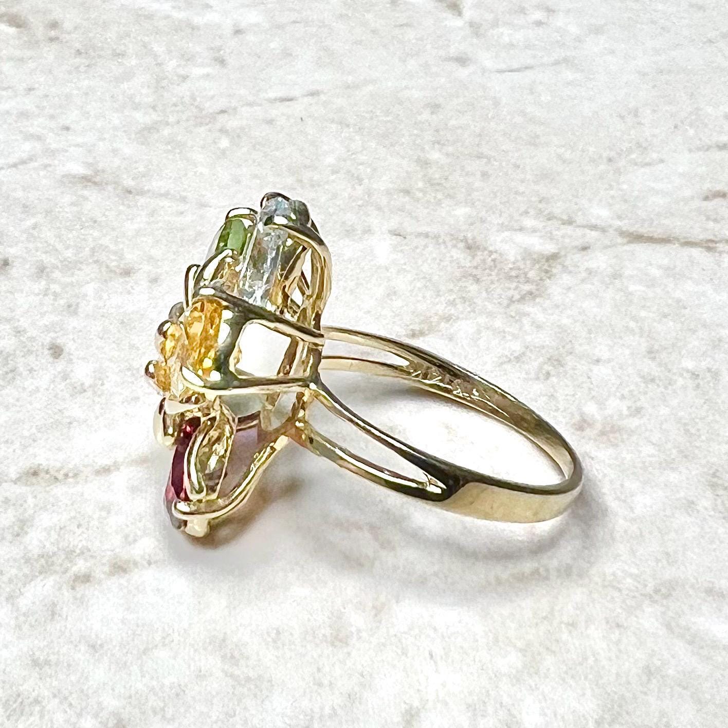 Vintage 14 Karat Yellow Gold Multi Gemstone Flower Ring - WeilJewelry