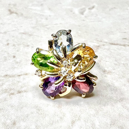 Vintage 14 Karat Yellow Gold Multi Gemstone Flower Ring - WeilJewelry