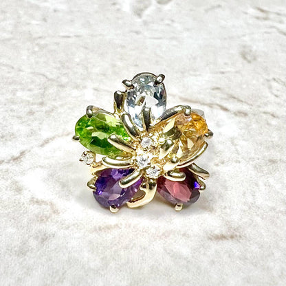 Vintage 14 Karat Yellow Gold Multi Gemstone Flower Ring - WeilJewelry