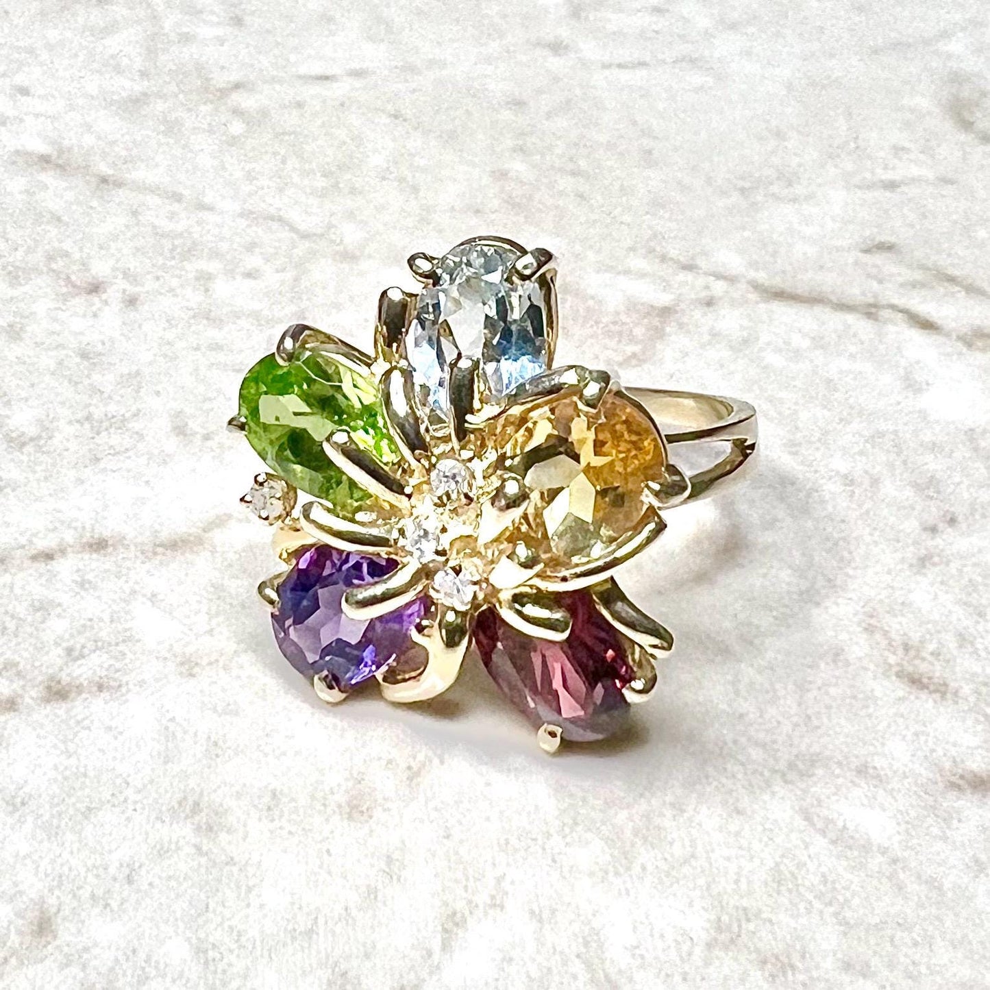 Vintage 14 Karat Yellow Gold Multi Gemstone Flower Ring - WeilJewelry