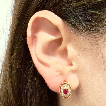 Vintage 14 Karat Yellow Gold Natural Diamond & Ruby Halo Earrings - WeilJewelry