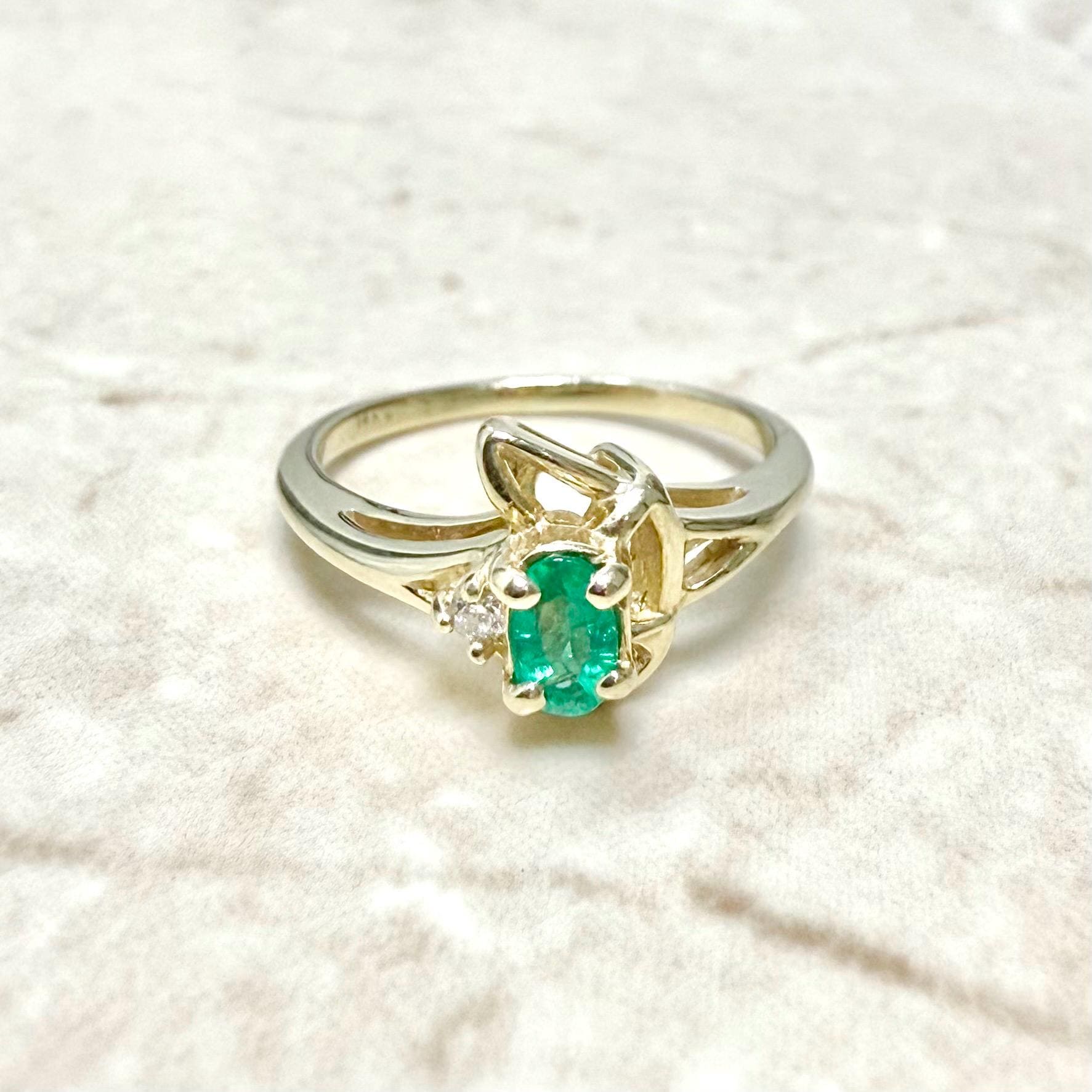 Vintage 14 Karat Yellow Gold Natural Emerald Solitaire Ring With Diamond Accent - WeilJewelry