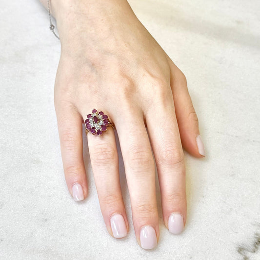 Vintage 14 Karat Yellow Gold Natural Ruby & Diamond Cocktail Ring - WeilJewelry