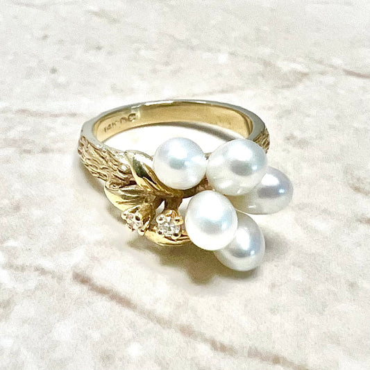 Vintage 14 Karat Yellow Gold White Pearl & Diamond Cocktail Ring - WeilJewelry