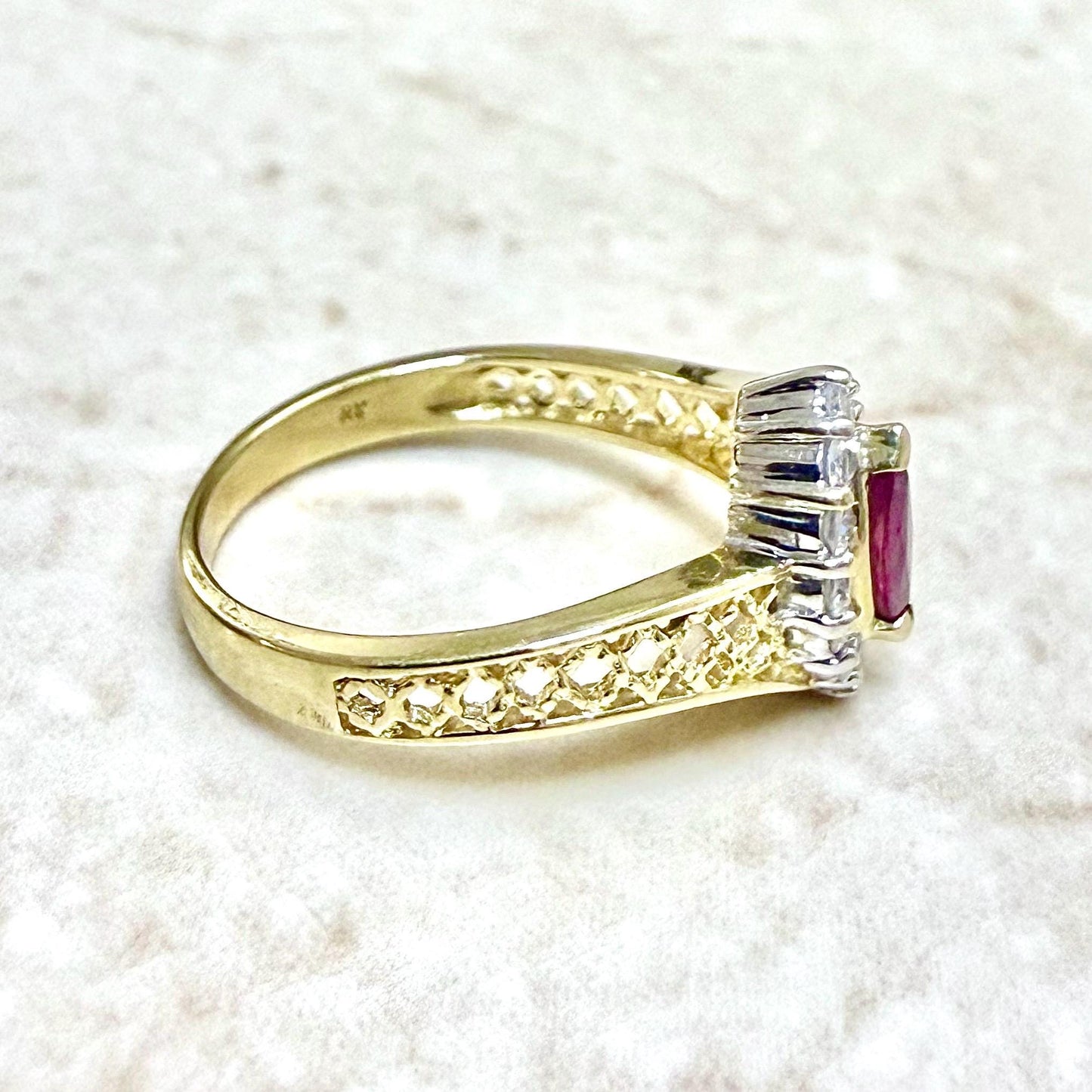 Vintage 14K Two - Tone Gold Natural Untreated Ruby & Diamond Halo Ring - WeilJewelry