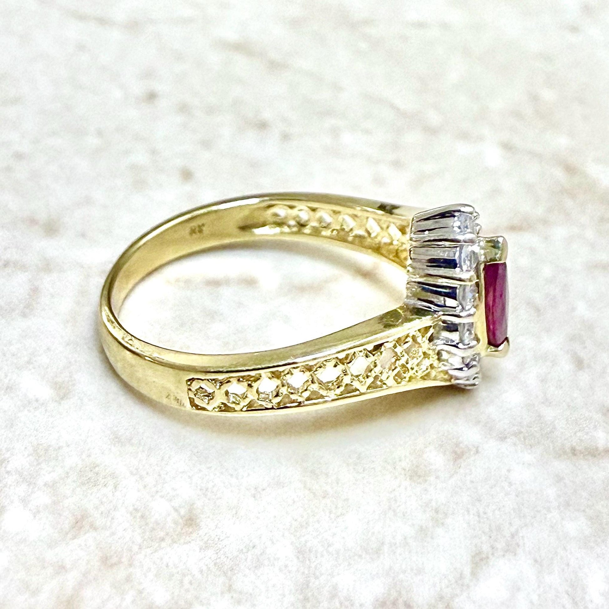 Vintage 14K Two - Tone Gold Natural Untreated Ruby & Diamond Halo Ring - WeilJewelry