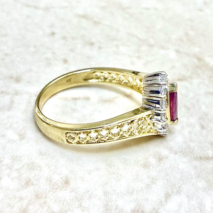 Vintage 14K Two - Tone Gold Natural Untreated Ruby & Diamond Halo Ring - WeilJewelry