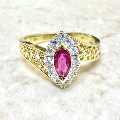 Vintage 14K Two - Tone Gold Natural Untreated Ruby & Diamond Halo Ring - WeilJewelry