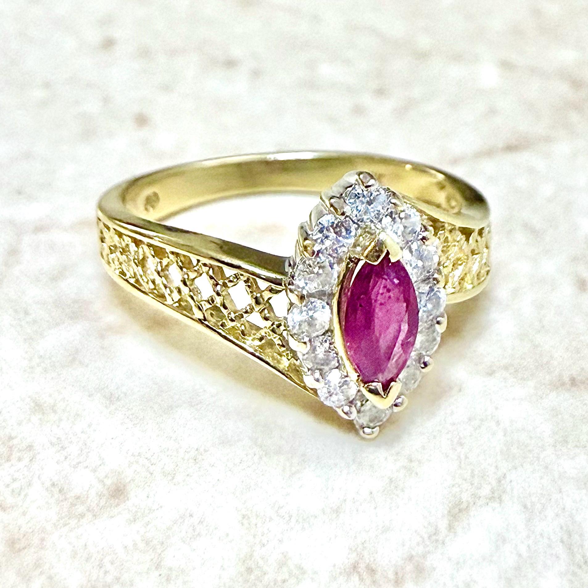 Vintage 14K Two - Tone Gold Natural Untreated Ruby & Diamond Halo Ring - WeilJewelry