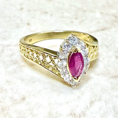 Vintage 14K Two - Tone Gold Natural Untreated Ruby & Diamond Halo Ring - WeilJewelry