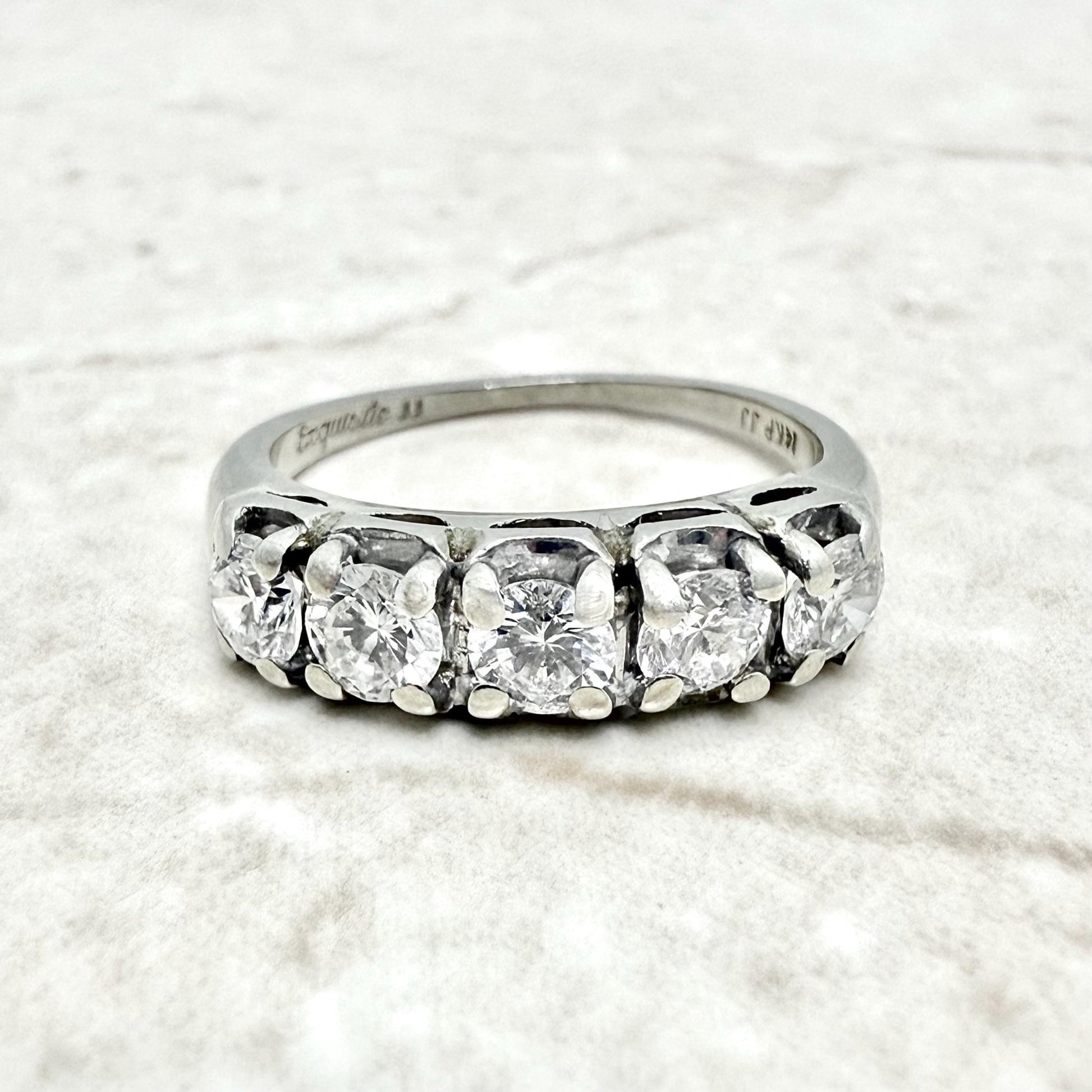 Vintage 14K White Gold 1.07 Carat Natural Diamond 5 - Stone Ring - WeilJewelry