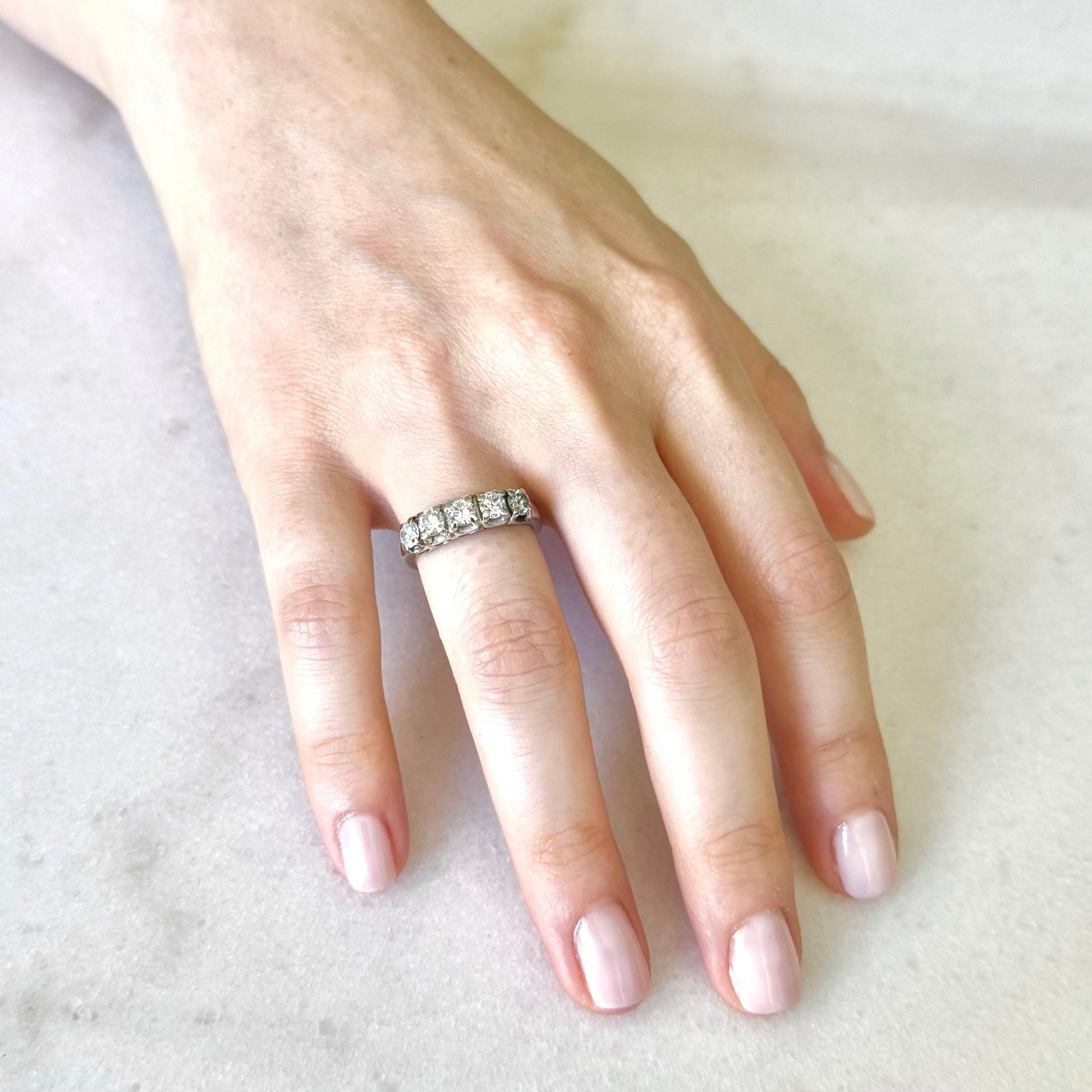 Vintage 14K White Gold 1.07 Carat Natural Diamond 5 - Stone Ring - WeilJewelry