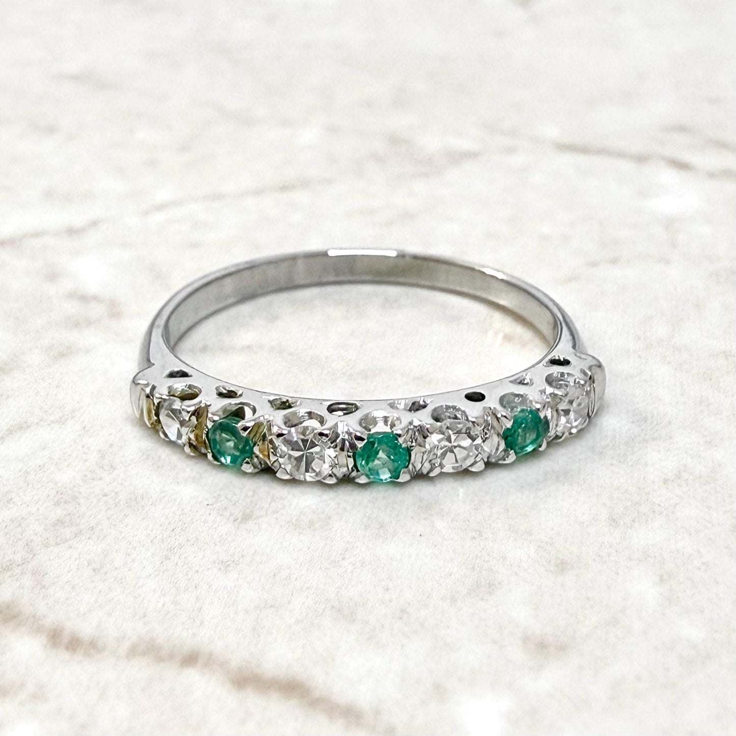 Vintage 14K White Gold Diamond & Natural Emerald Band Ring - WeilJewelry