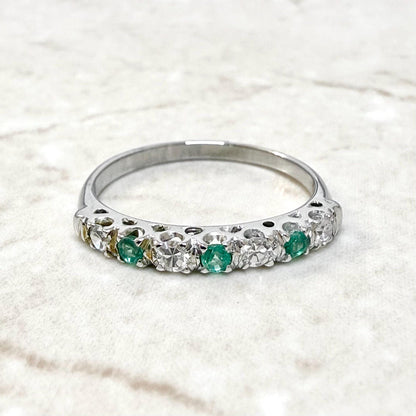 Vintage 14K White Gold Diamond & Natural Emerald Band Ring - WeilJewelry