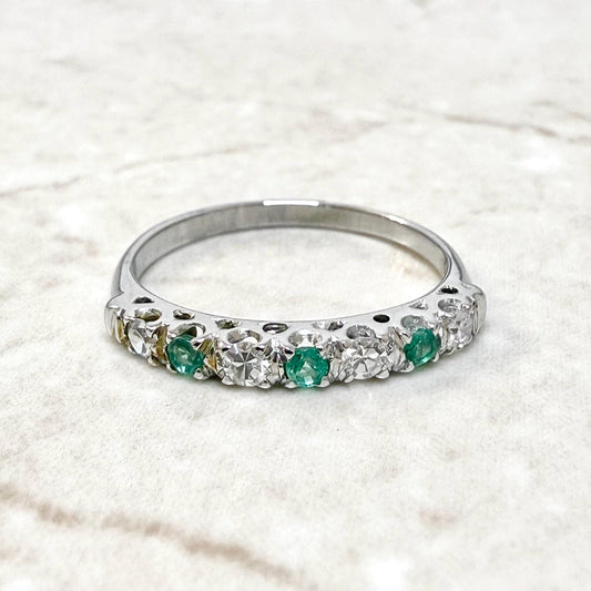 Vintage 14K White Gold Diamond & Natural Emerald Band Ring - WeilJewelry