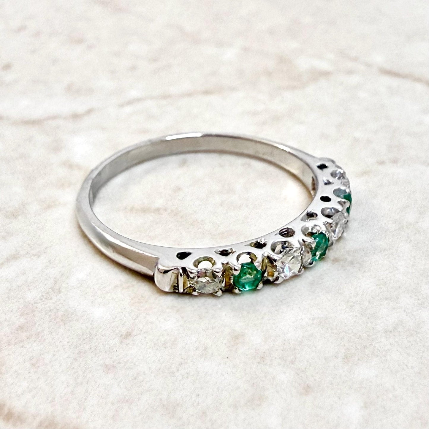 Vintage 14K White Gold Diamond & Natural Emerald Band Ring - WeilJewelry