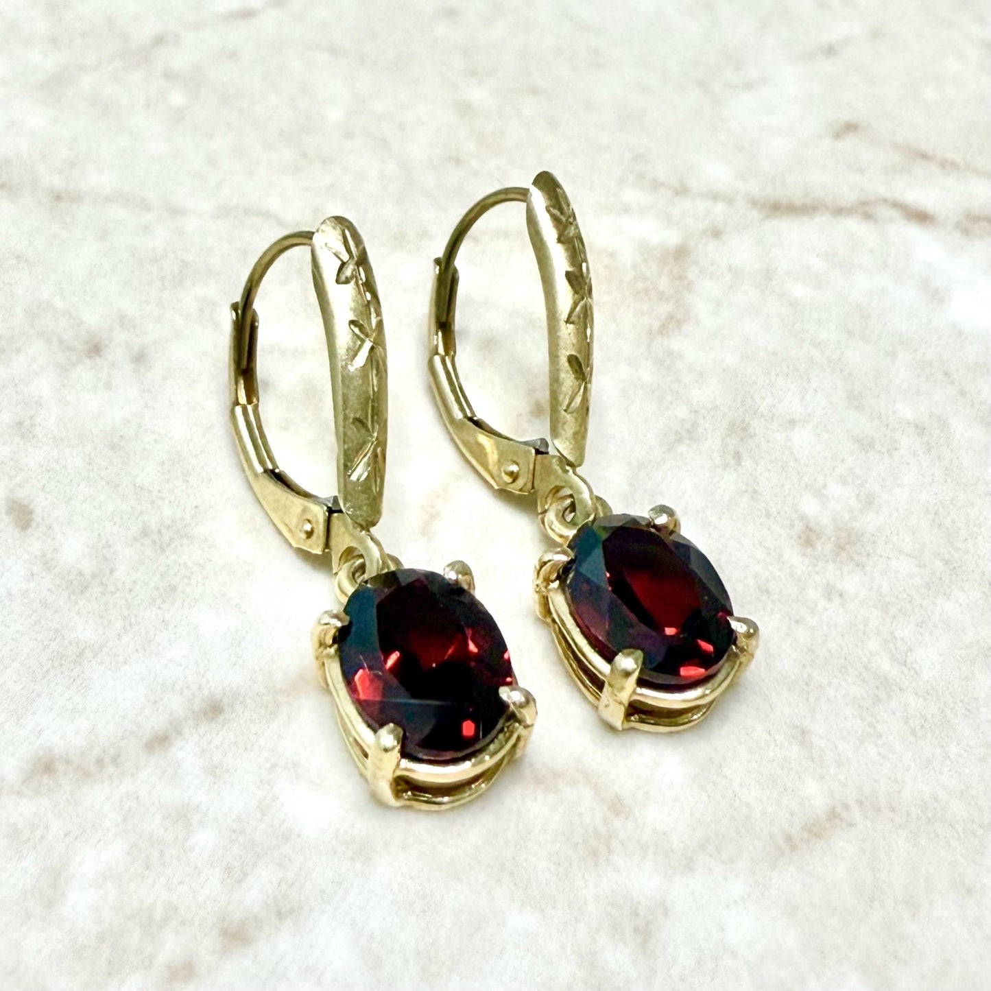 Vintage 14K Yellow Gold 2.90 CTTW Oval Garnet Drop Earrings - WeilJewelry