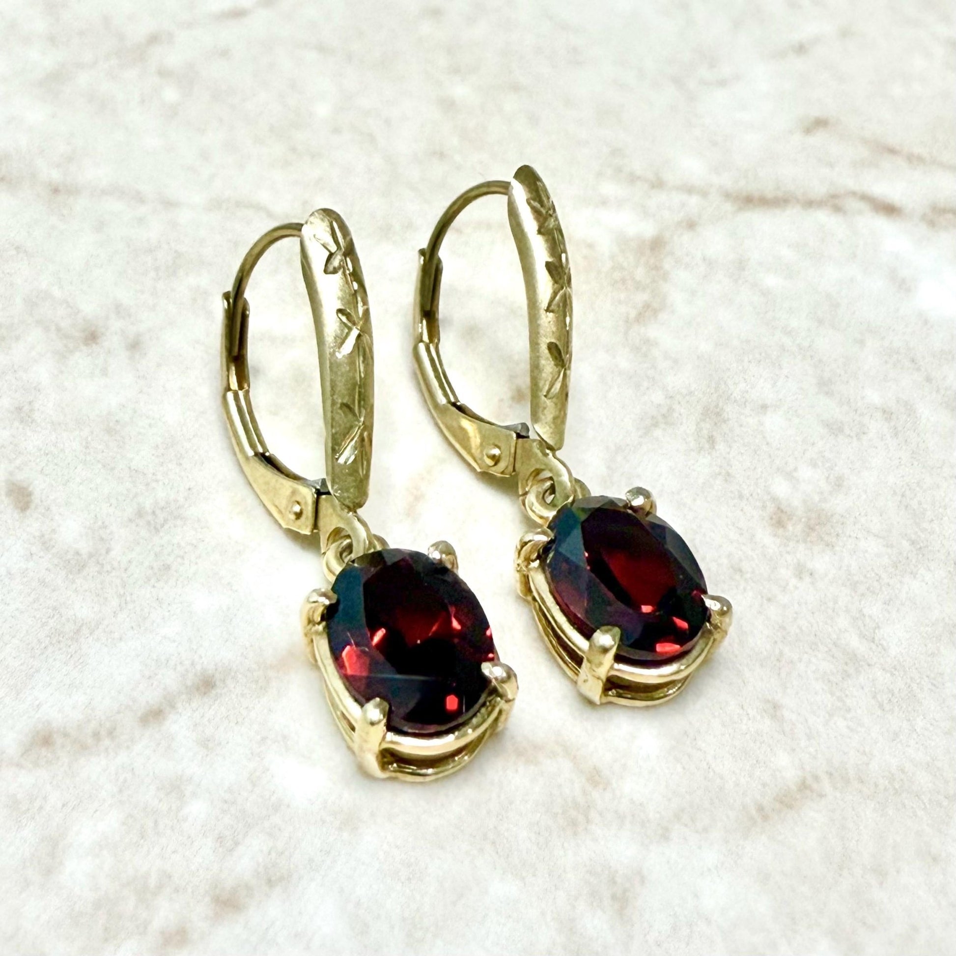 Vintage 14K Yellow Gold 2.90 CTTW Oval Garnet Drop Earrings - WeilJewelry