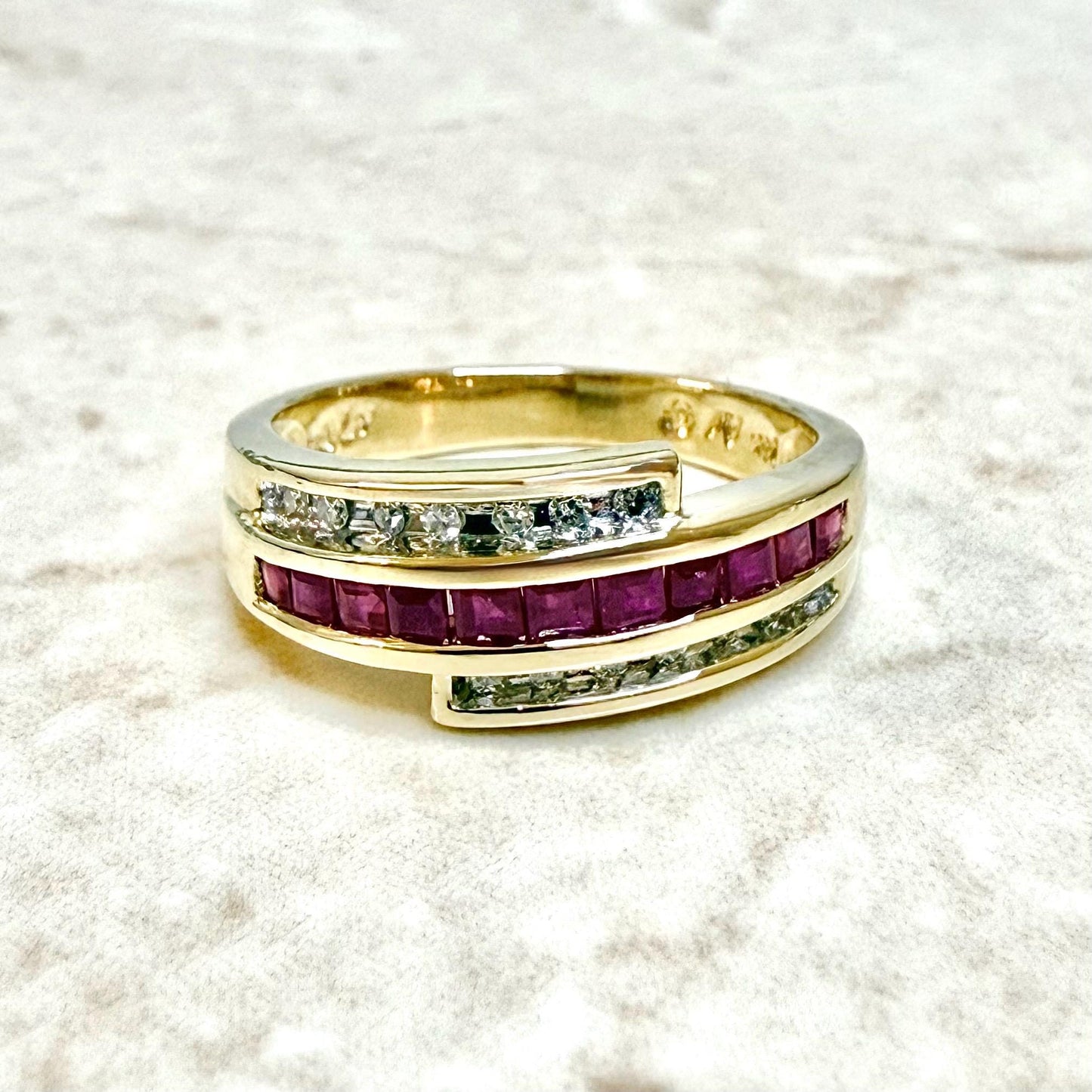 Vintage 14K Yellow Gold Channel Set Natural Diamond & Ruby Band Ring - WeilJewelry