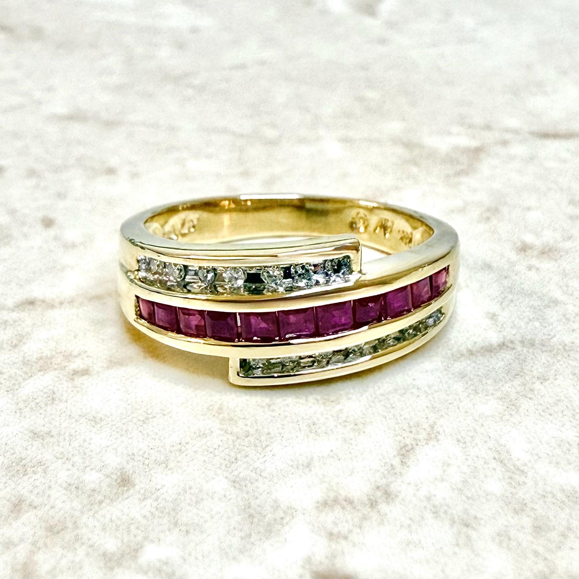 Vintage 14K Yellow Gold Channel Set Natural Diamond & Ruby Band Ring - WeilJewelry