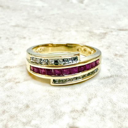 Vintage 14K Yellow Gold Channel Set Natural Diamond & Ruby Band Ring - WeilJewelry