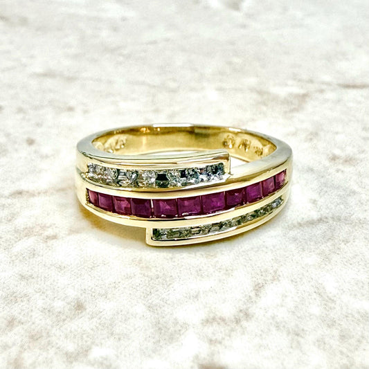 Vintage 14K Yellow Gold Channel Set Natural Diamond & Ruby Band Ring - WeilJewelry