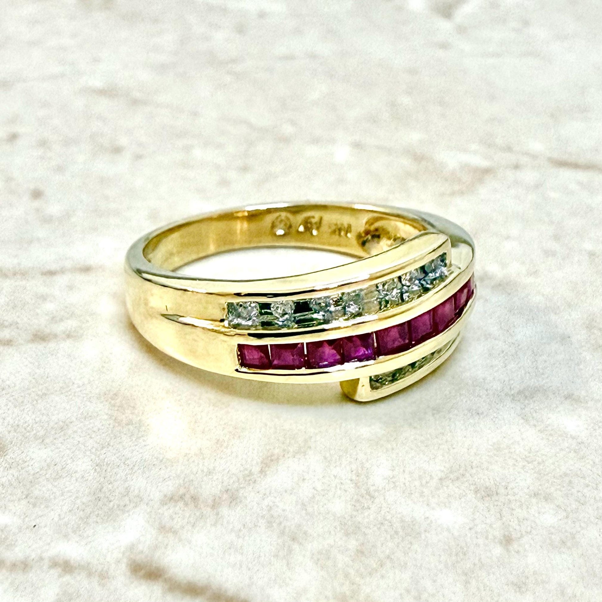 Vintage 14K Yellow Gold Channel Set Natural Diamond & Ruby Band Ring - WeilJewelry