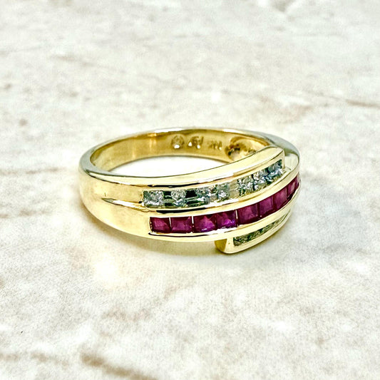 Vintage 14K Yellow Gold Channel Set Natural Diamond & Ruby Band Ring - WeilJewelry