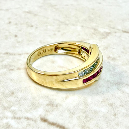 Vintage 14K Yellow Gold Channel Set Natural Diamond & Ruby Band Ring - WeilJewelry