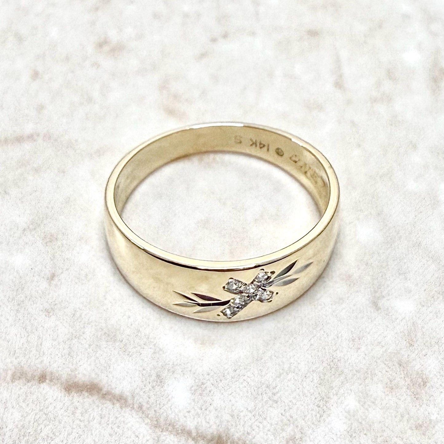 Vintage 14K Yellow Gold Diamond Cross Wedding Band Ring - WeilJewelry