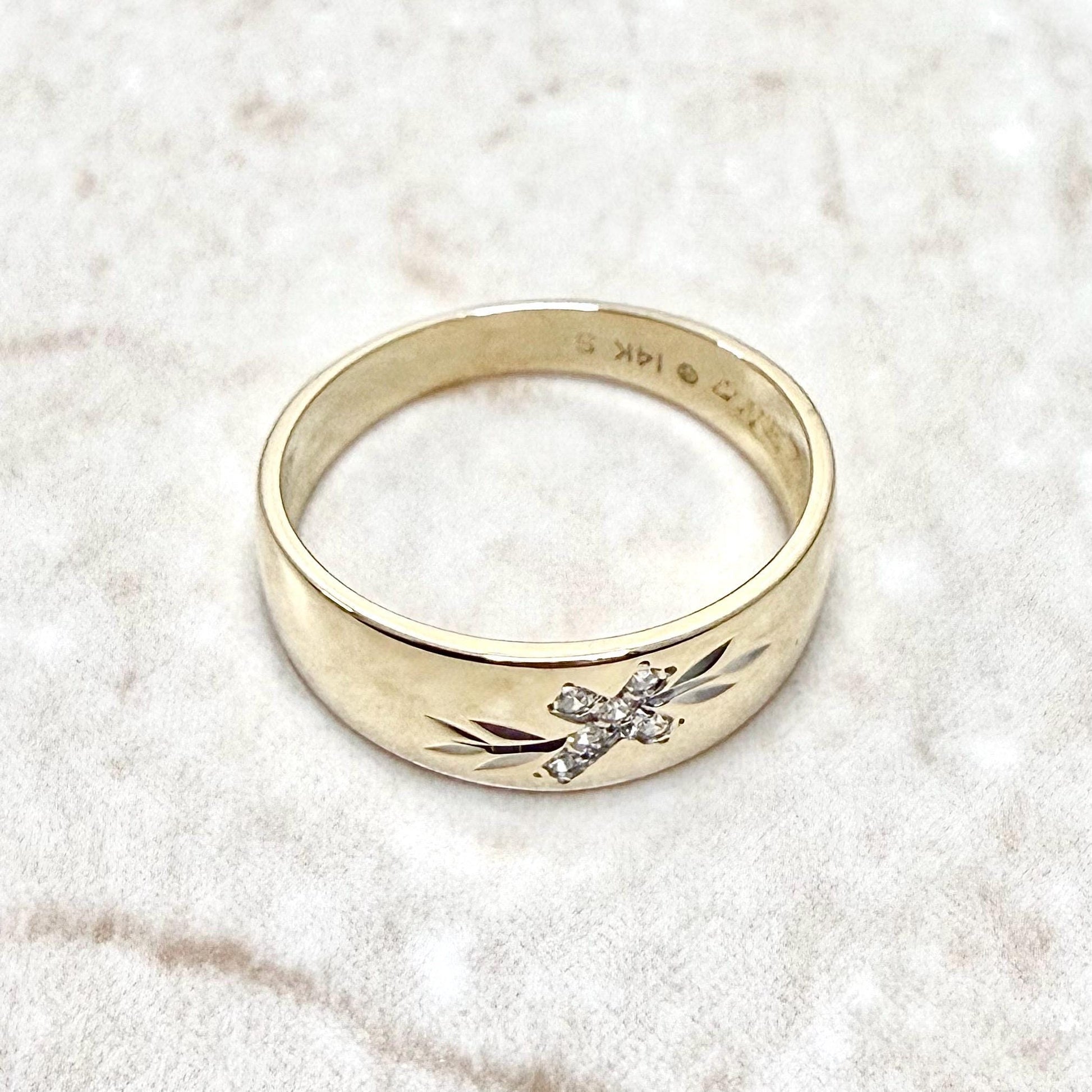 Vintage 14K Yellow Gold Diamond Cross Wedding Band Ring - WeilJewelry
