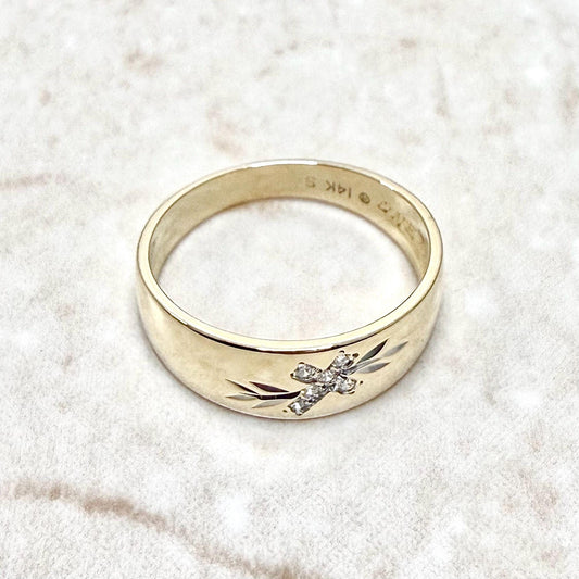 Vintage 14K Yellow Gold Diamond Cross Wedding Band Ring - WeilJewelry