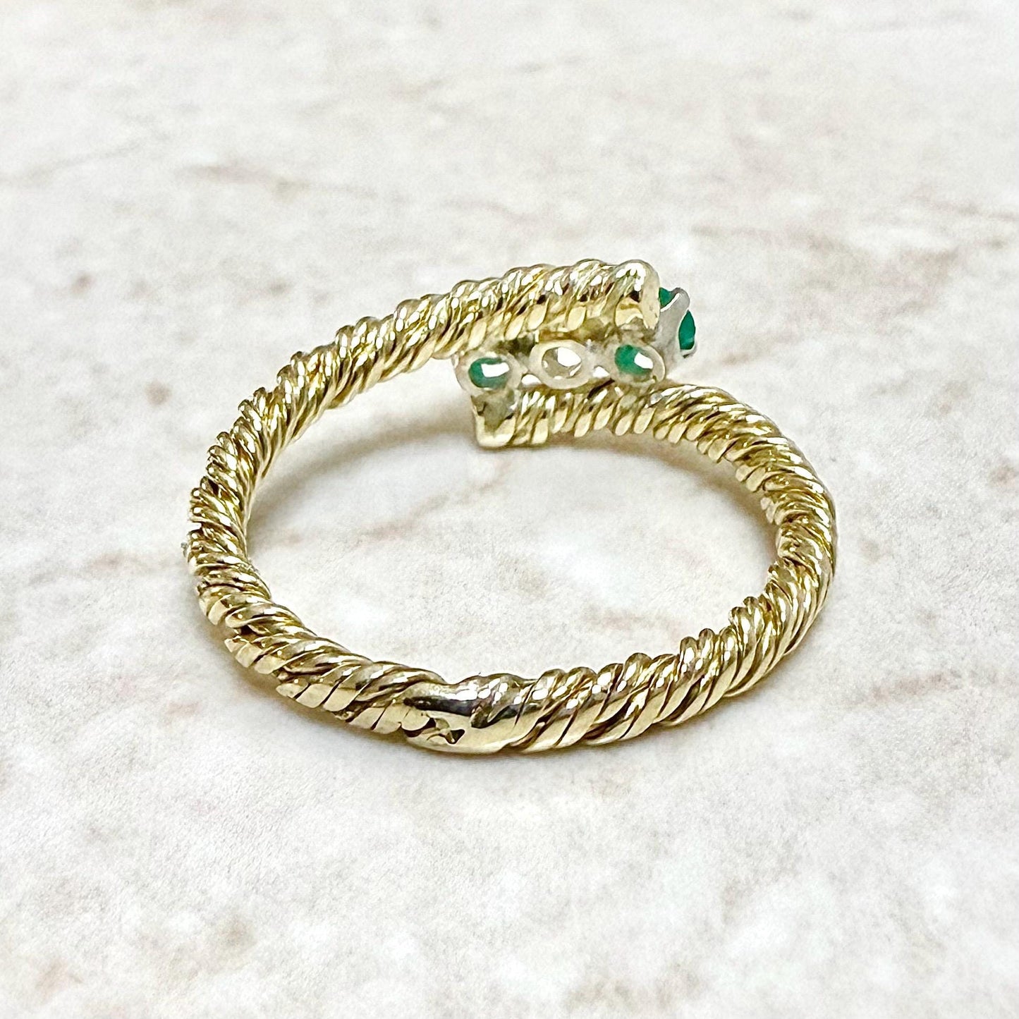 Vintage 14K Yellow Gold Diamond & Emerald Rope Twist Bypass Ring - WeilJewelry