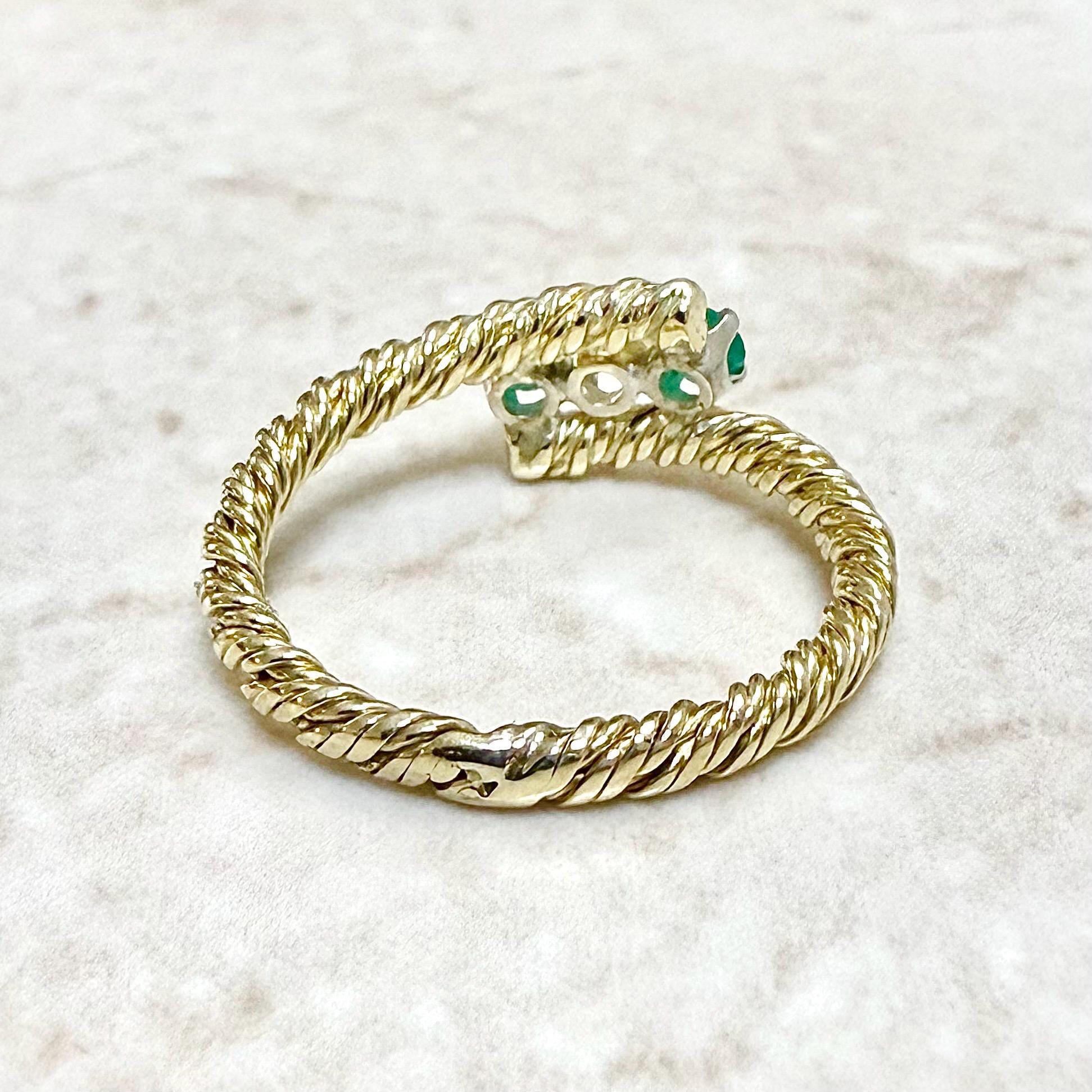 Vintage 14K Yellow Gold Diamond & Emerald Rope Twist Bypass Ring - WeilJewelry