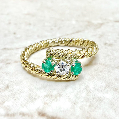 Vintage 14K Yellow Gold Diamond & Emerald Rope Twist Bypass Ring - WeilJewelry