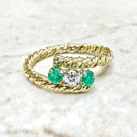 Vintage 14K Yellow Gold Diamond & Emerald Rope Twist Bypass Ring - WeilJewelry