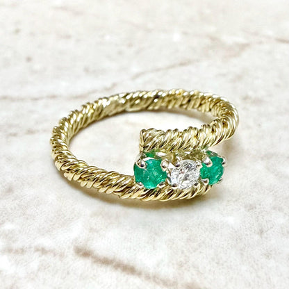Vintage 14K Yellow Gold Diamond & Emerald Rope Twist Bypass Ring - WeilJewelry