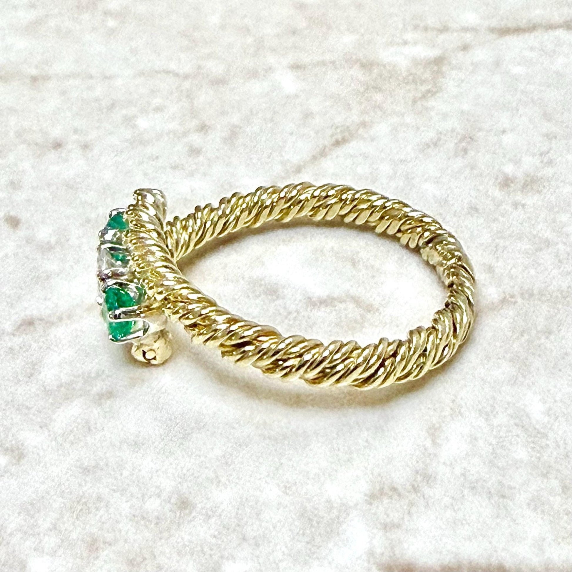 Vintage 14K Yellow Gold Diamond & Emerald Rope Twist Bypass Ring - WeilJewelry
