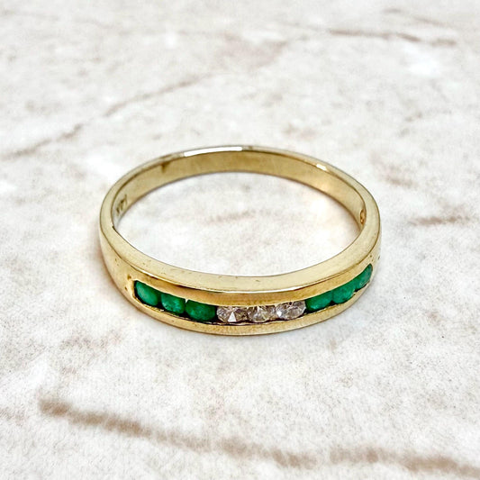 Vintage 14K Yellow Gold Diamond & Natural Emerald Band Ring - WeilJewelry