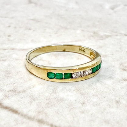 Vintage 14K Yellow Gold Diamond & Natural Emerald Band Ring - WeilJewelry